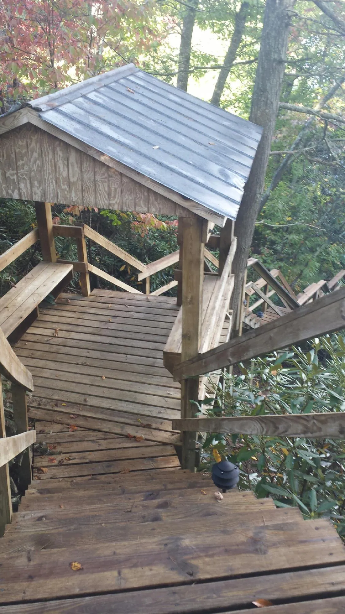 Metal roofed shelter over wooden steps on a wooded walkway — Skylight Repair & Installation work by our crew in Rancocas